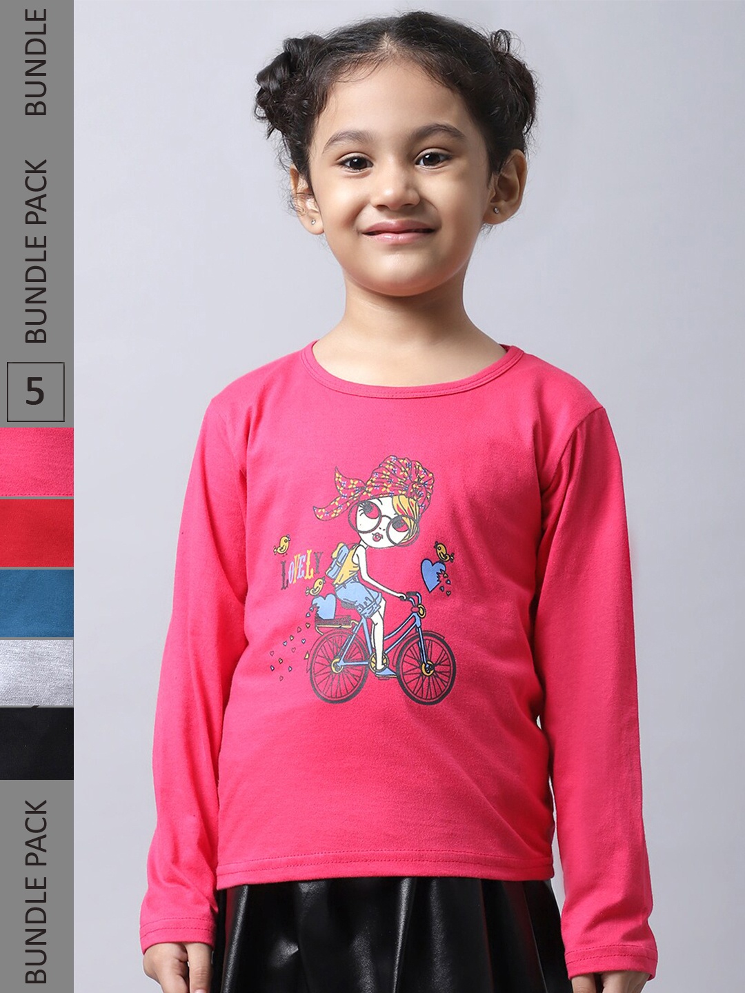 

BAESD Girls Pack Of 5 Graphic Printed Round Neck Cotton Regular T-shirt, Pink