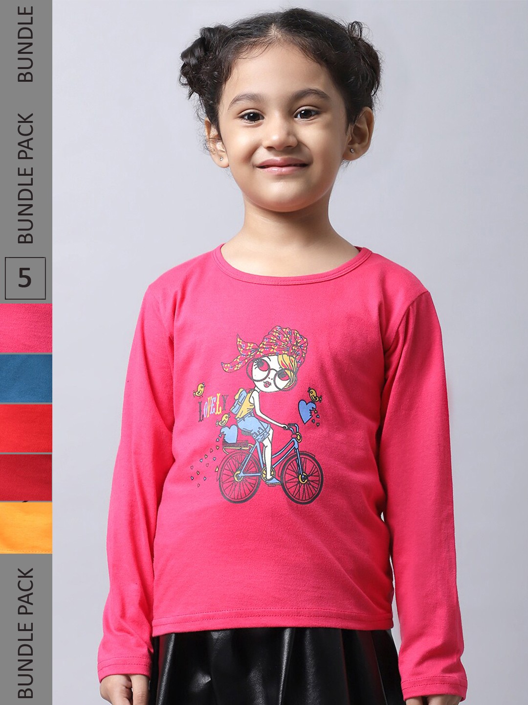 

BAESD Girls Pack Of 5 Graphic Printed Round Neck Cotton Regular T-shirt, Pink