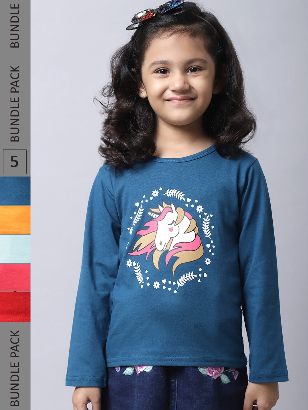 

BAESD Pack Of 5 Girls Printed Cotton Casual T-Shirts, Teal