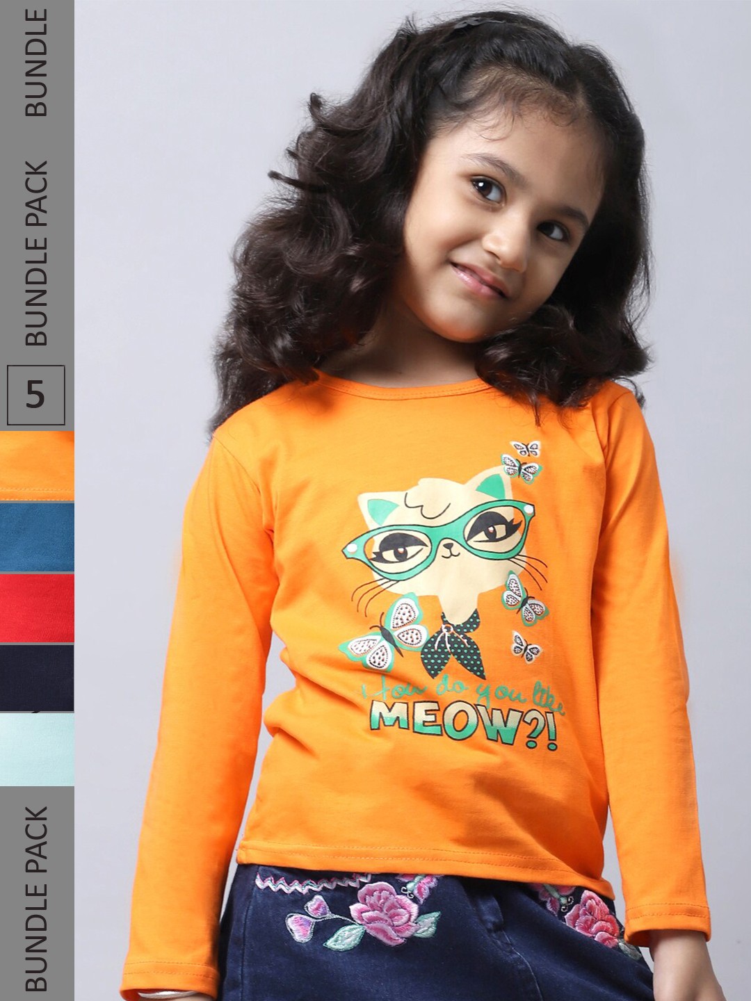 

BAESD Girls Pack Of 5 Printed Cotton T-shirts, Orange