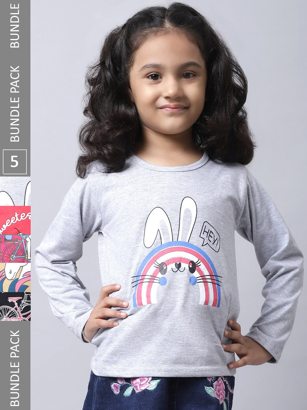 

BAESD Pack Of 5 Girls Printed Cotton Casual T-Shirts, Grey