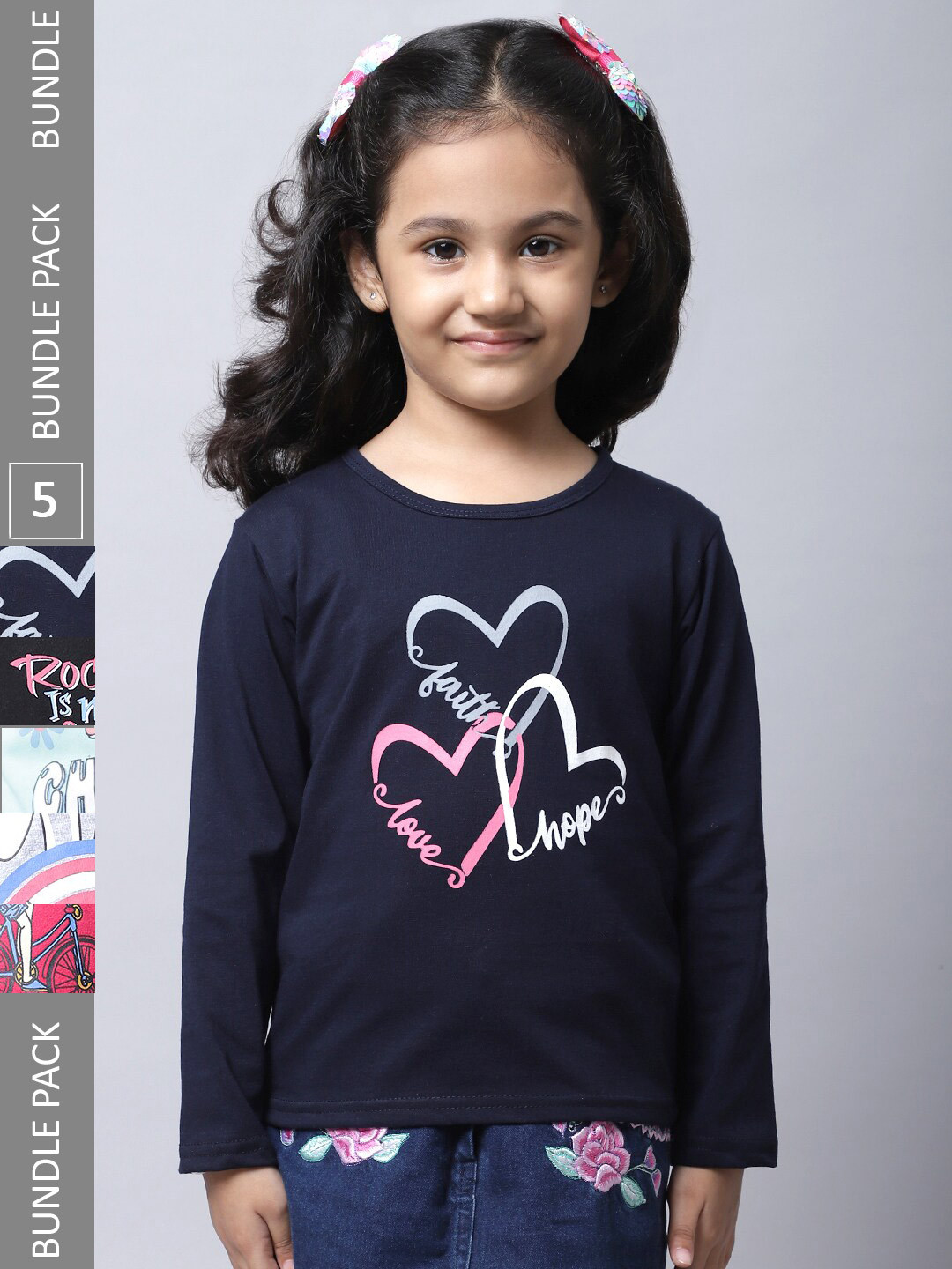 

BAESD Girls Pack Of 5 Printed Cotton T-shirts, Navy blue