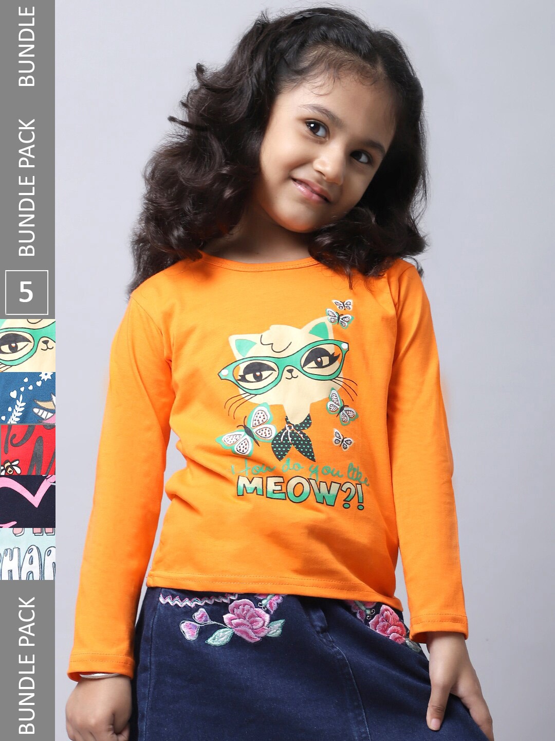 

BAESD Pack Of 5 Girls Printed Cotton Casual T-Shirts, Orange