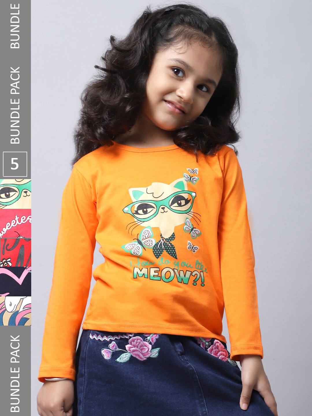 

BAESD Pack Of 5 Girls Printed Cotton Casual T-Shirts, Orange