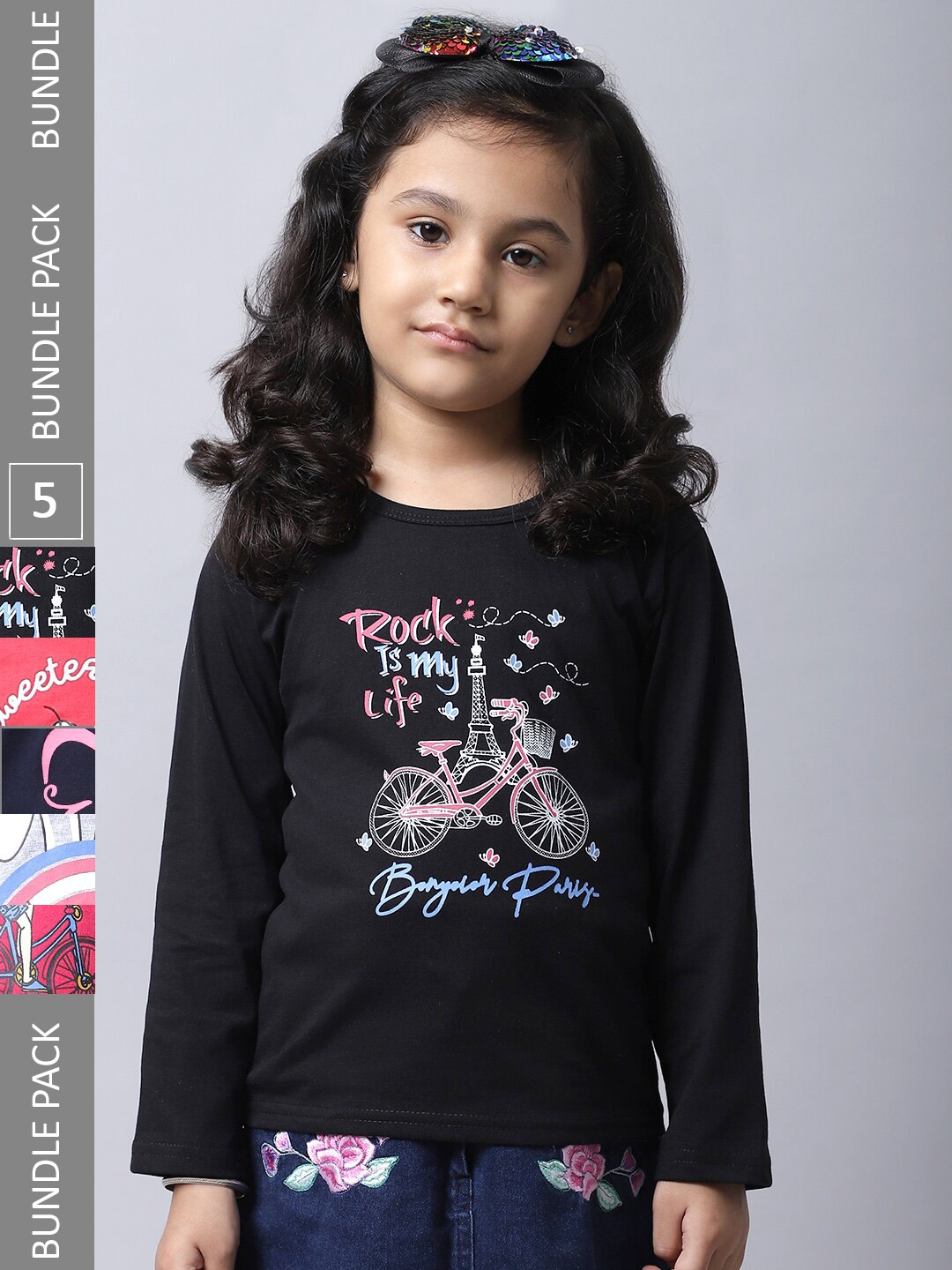

BAESD Girls Pack of 5 Typography Printed Cotton T-shirts, Black