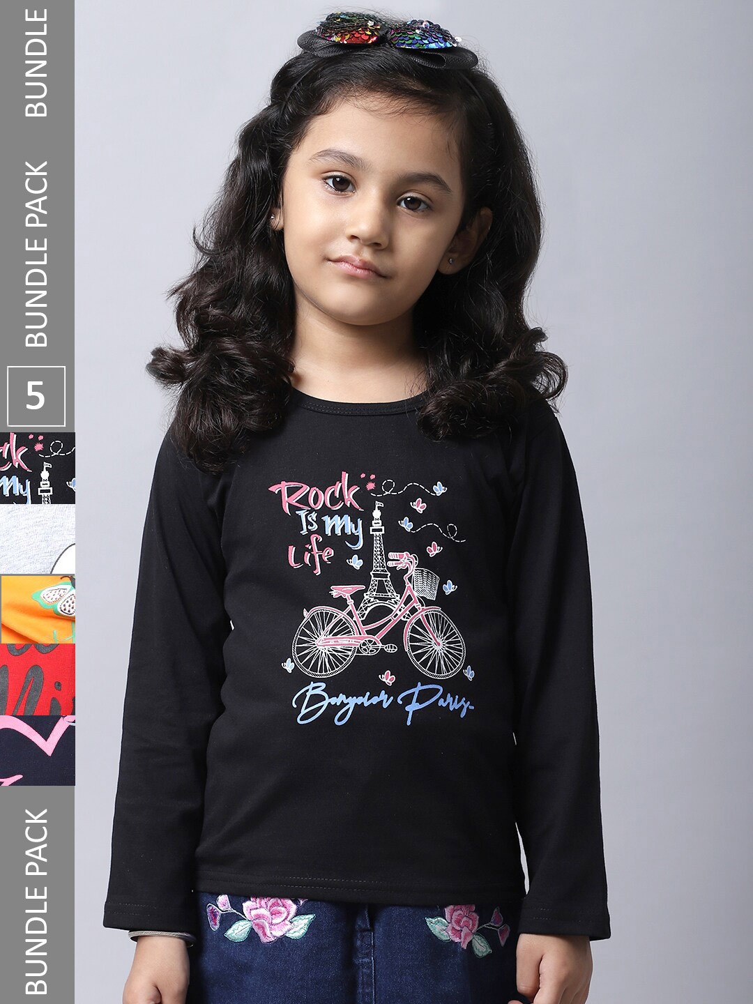 

BAESD Girls Pack Of 5 Graphic Printed Cotton T-shirts, Black