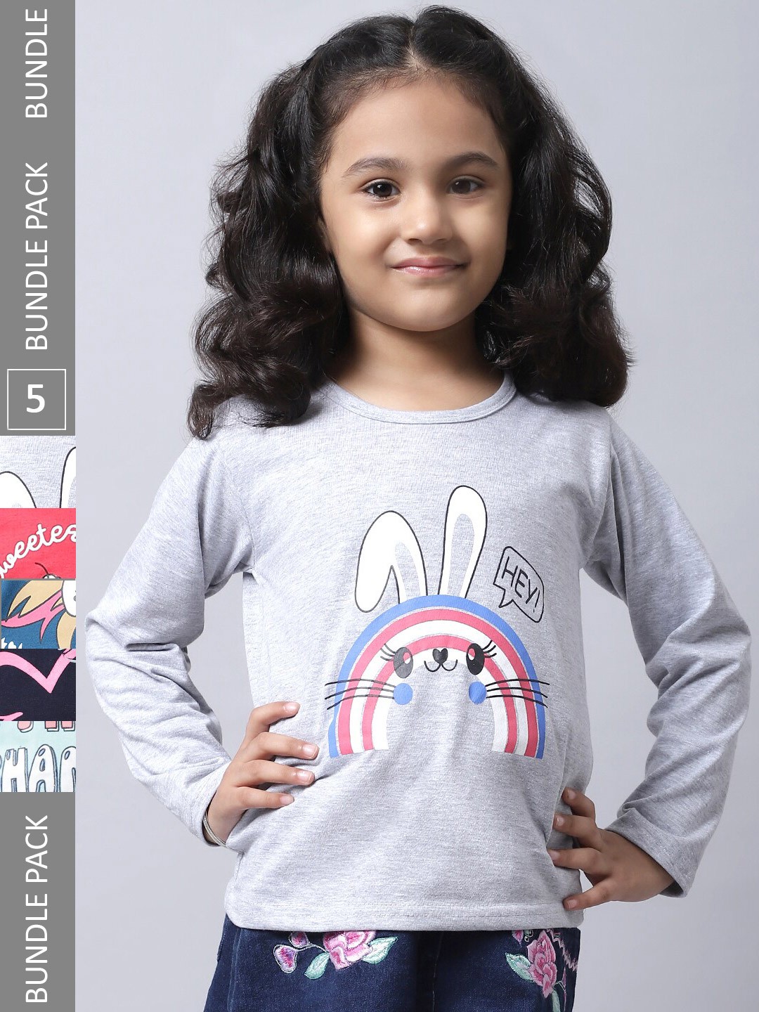 

BAESD Girls Pack of 5 Graphic Printed Cotton T-shirts, Grey