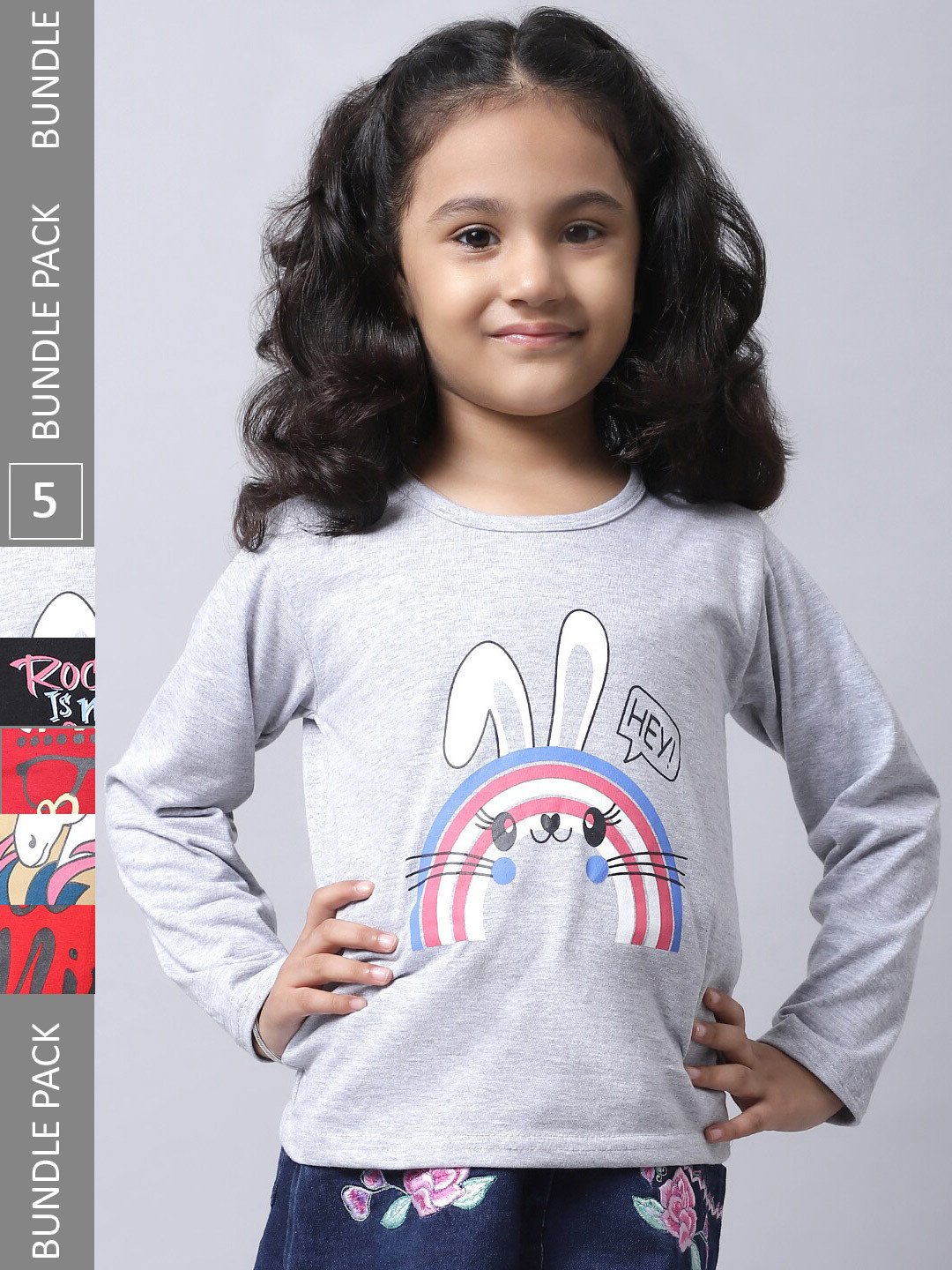 

BAESD Girls Pack Of 5 Graphic Printed Cotton T-shirts, Grey