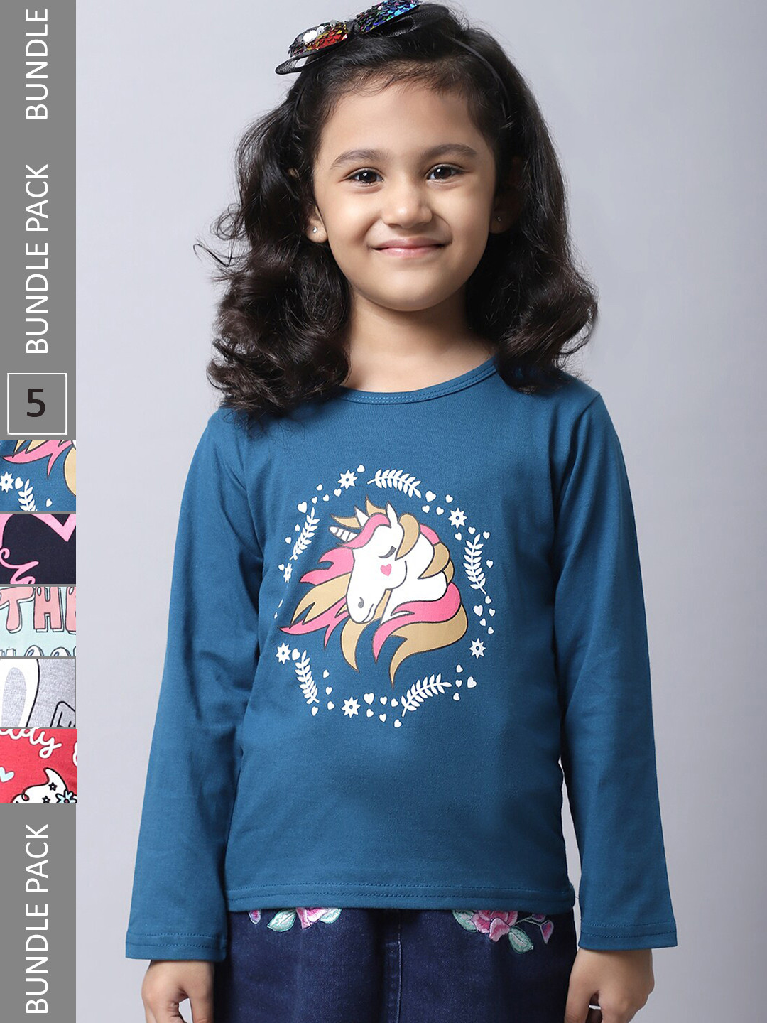 

BAESD Pack Of 5 Girls Printed Cotton Casual T-Shirts, Teal