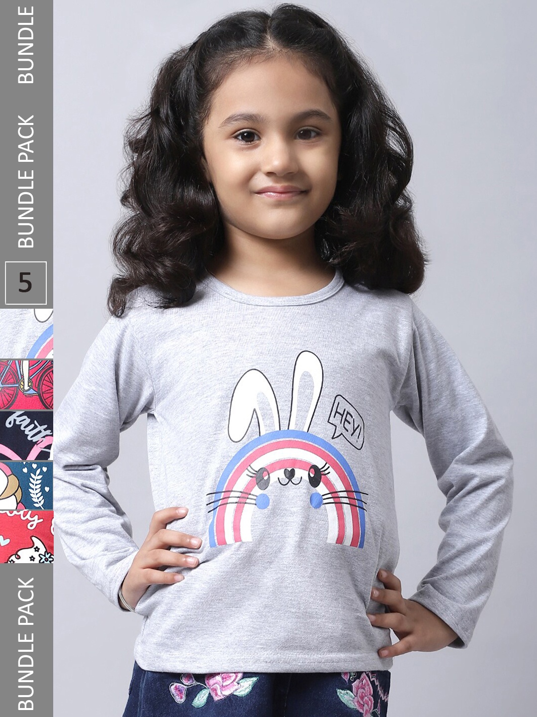 

BAESD Girls Pack Of 5 Printed Cotton T-shirt, Grey