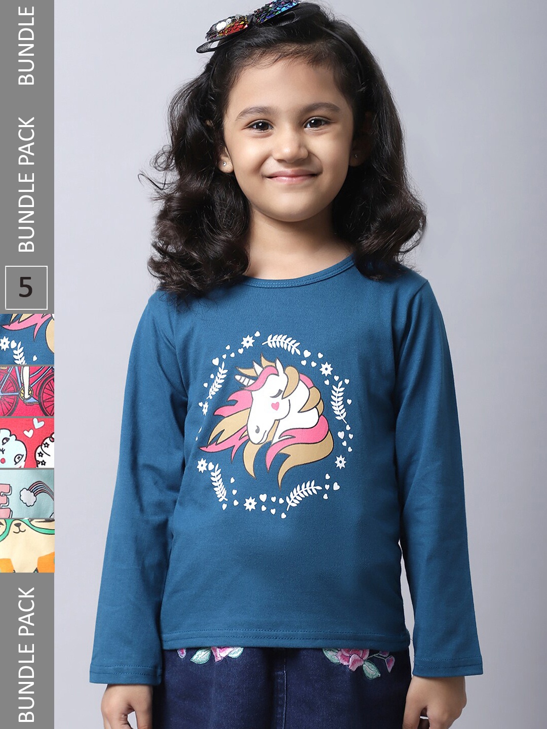 

BAESD Girls Pack Of 5 Printed Cotton T-shirt, Teal