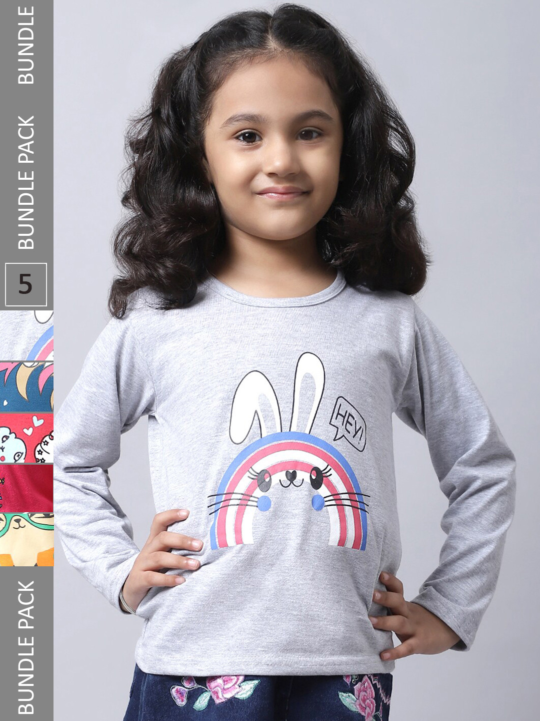 

BAESD Pack Of 5 Girls Printed Cotton Casual T-Shirts, Grey