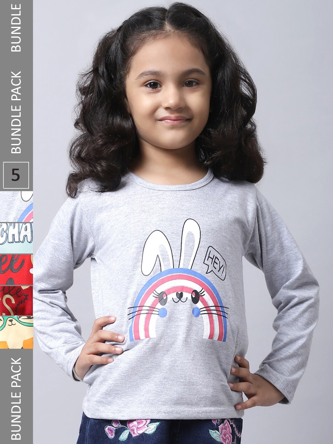 

BAESD Pack Of 5 Girls Printed Cotton Casual T-Shirts, Grey