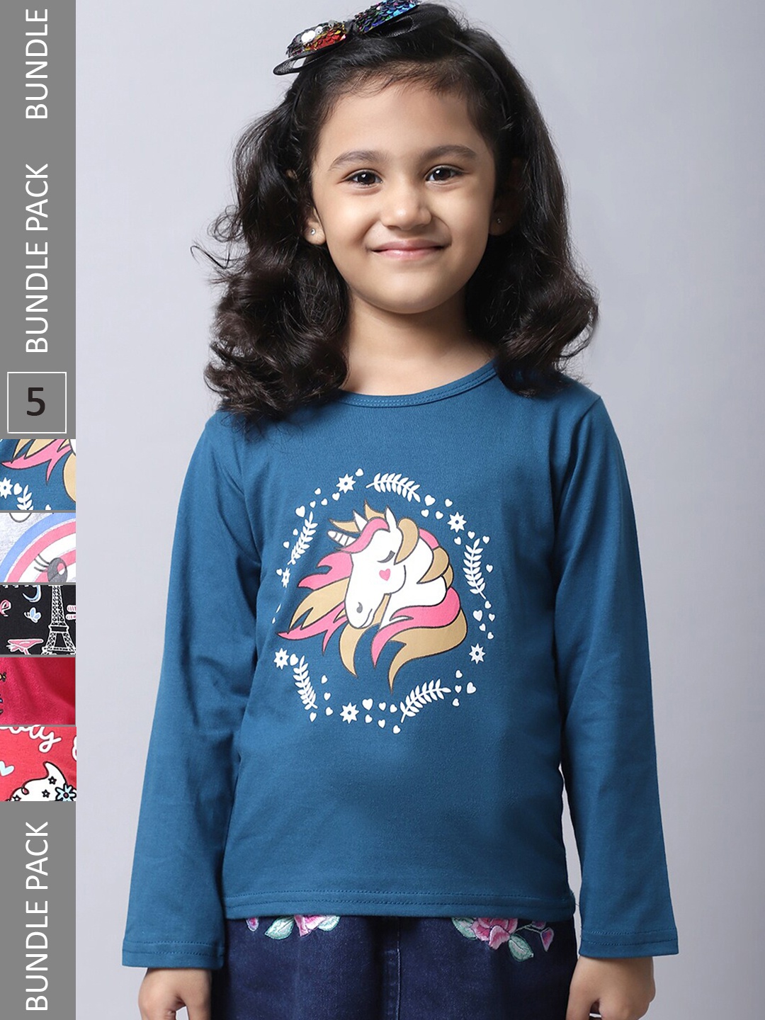 

BAESD Girl Pack Of 5 Graphic Printed Cotton T-shirt, Teal