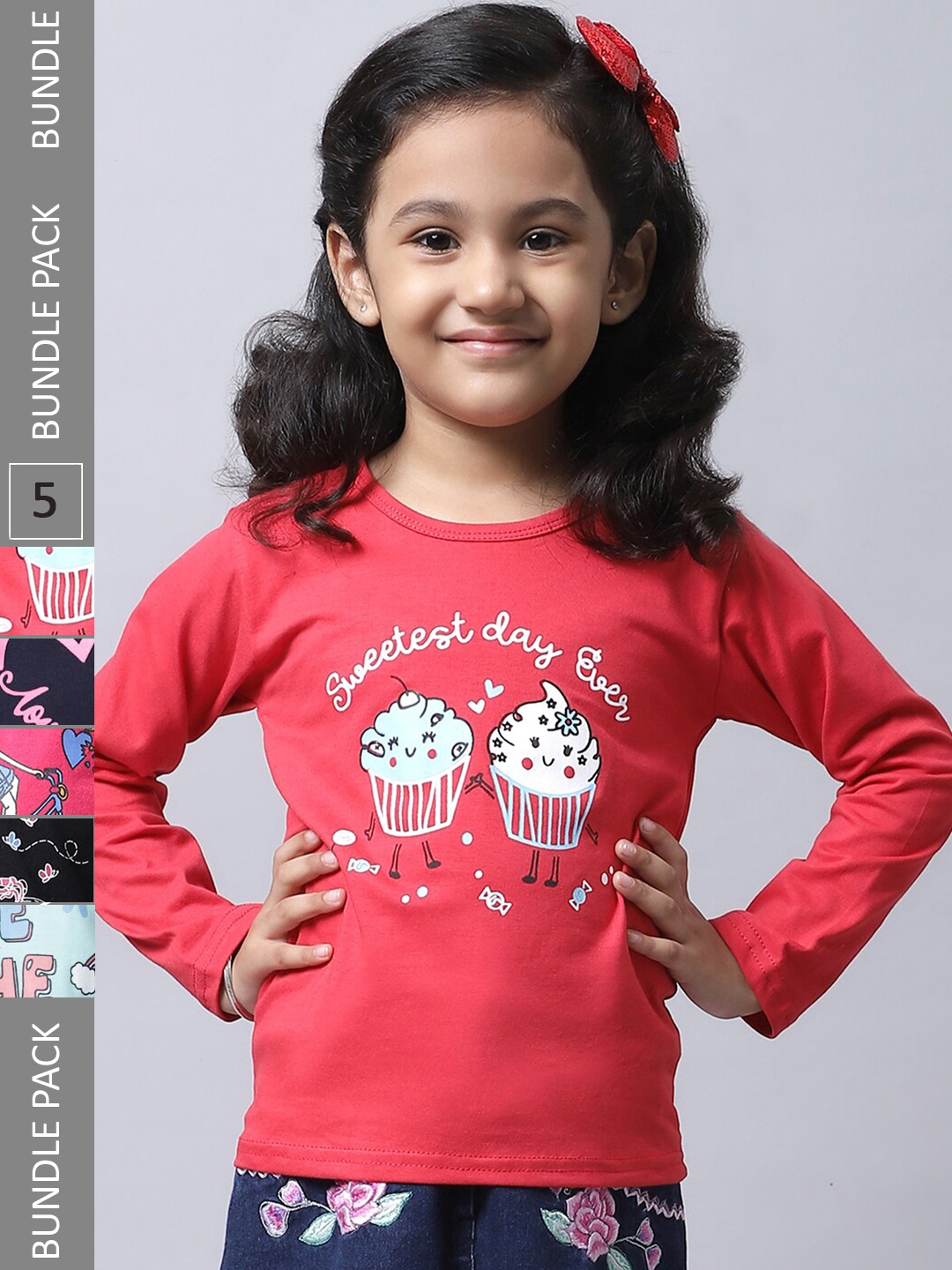 

BAESD Girls Pack of 5 Graphic 5 Printed Cotton T-shirts, Red
