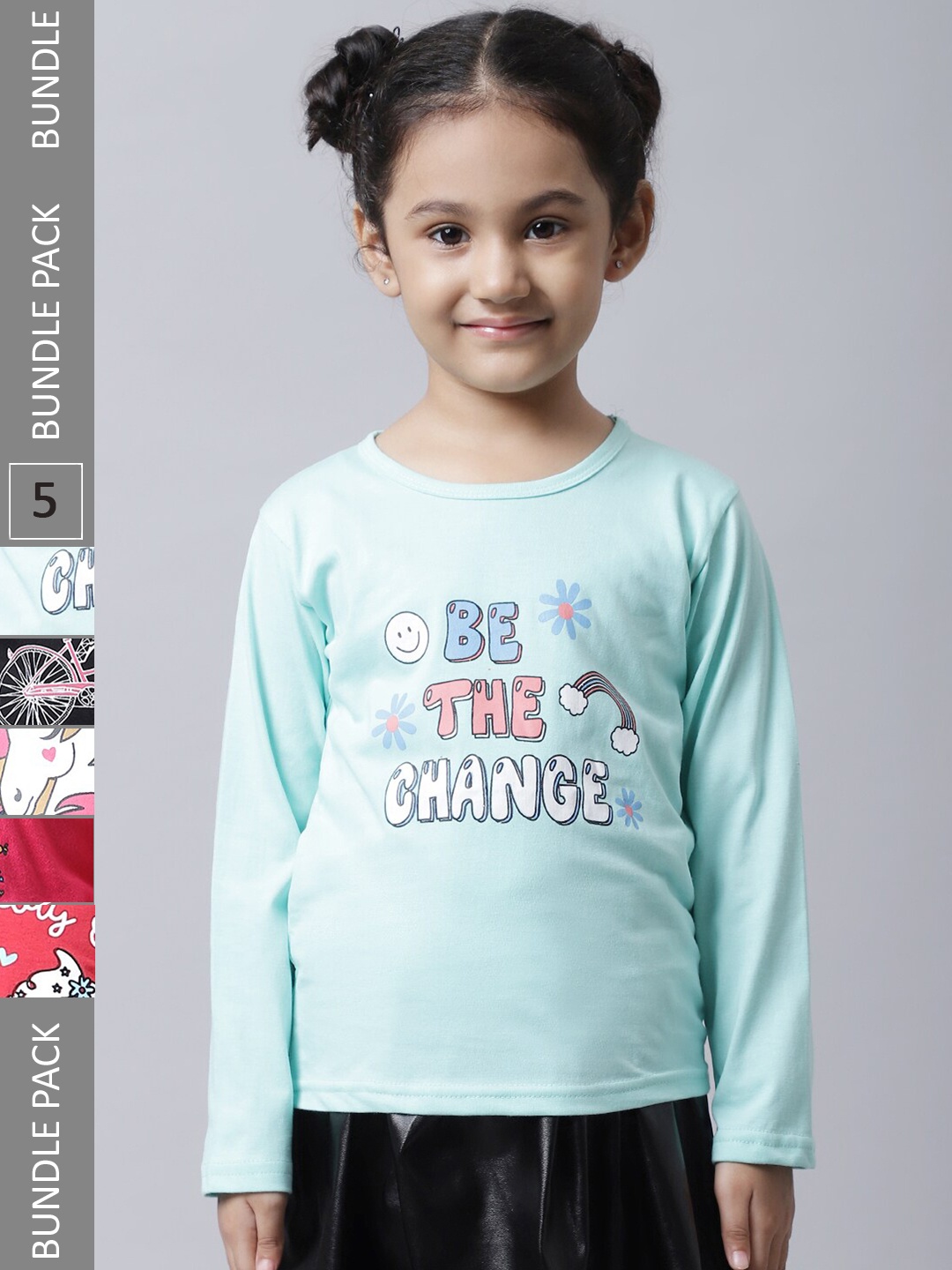 

BAESD Pack Of 5 Girls Printed Cotton Casual T-Shirts, Sea green
