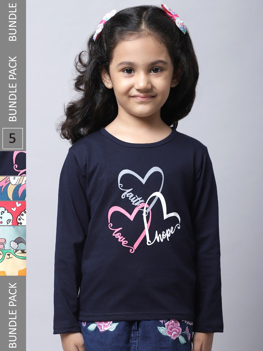 

BAESD Girls Pack of 5 Graphic Printed Cotton T-shirts, Navy blue