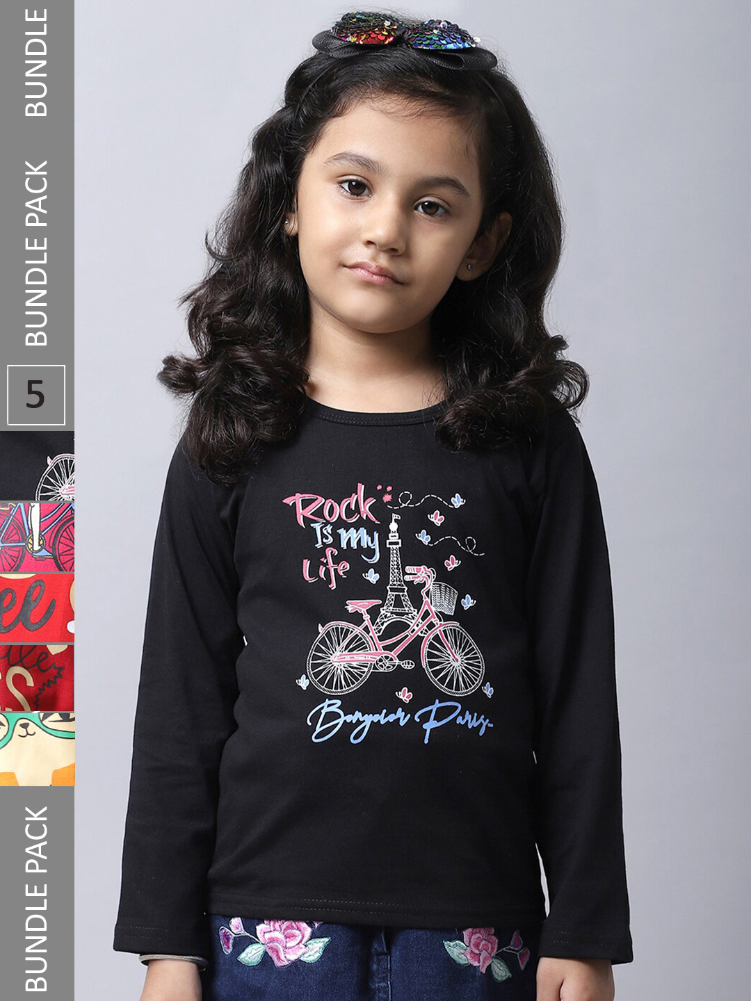 

BAESD Pack Of 5 Girls Printed Cotton Casual T-Shirts, Black