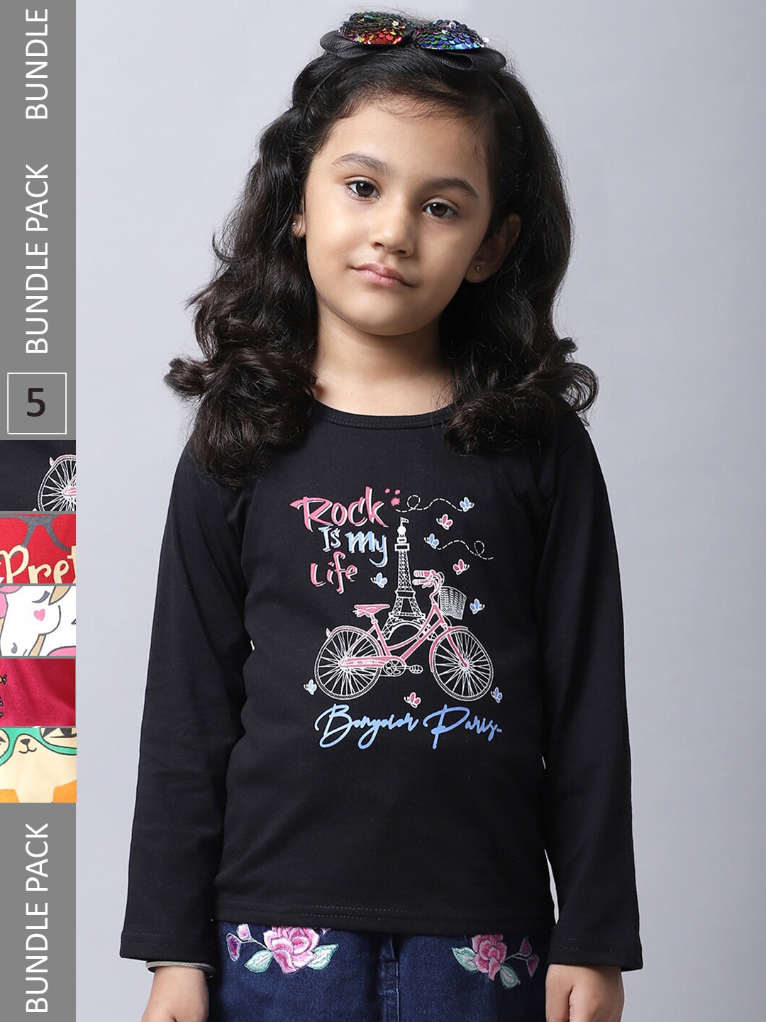 

BAESD Pack Of 5 Girls Printed Cotton Casual T-Shirts, Black