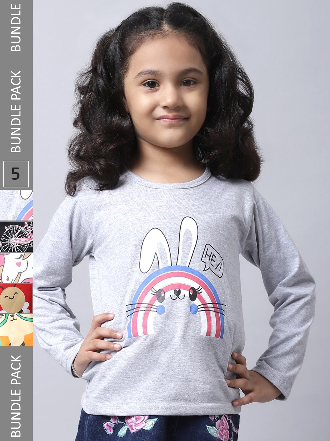 

BAESD Girls Pack Of 5 Graphic Printed Long Sleeve Pure Cotton T-shirt, Grey