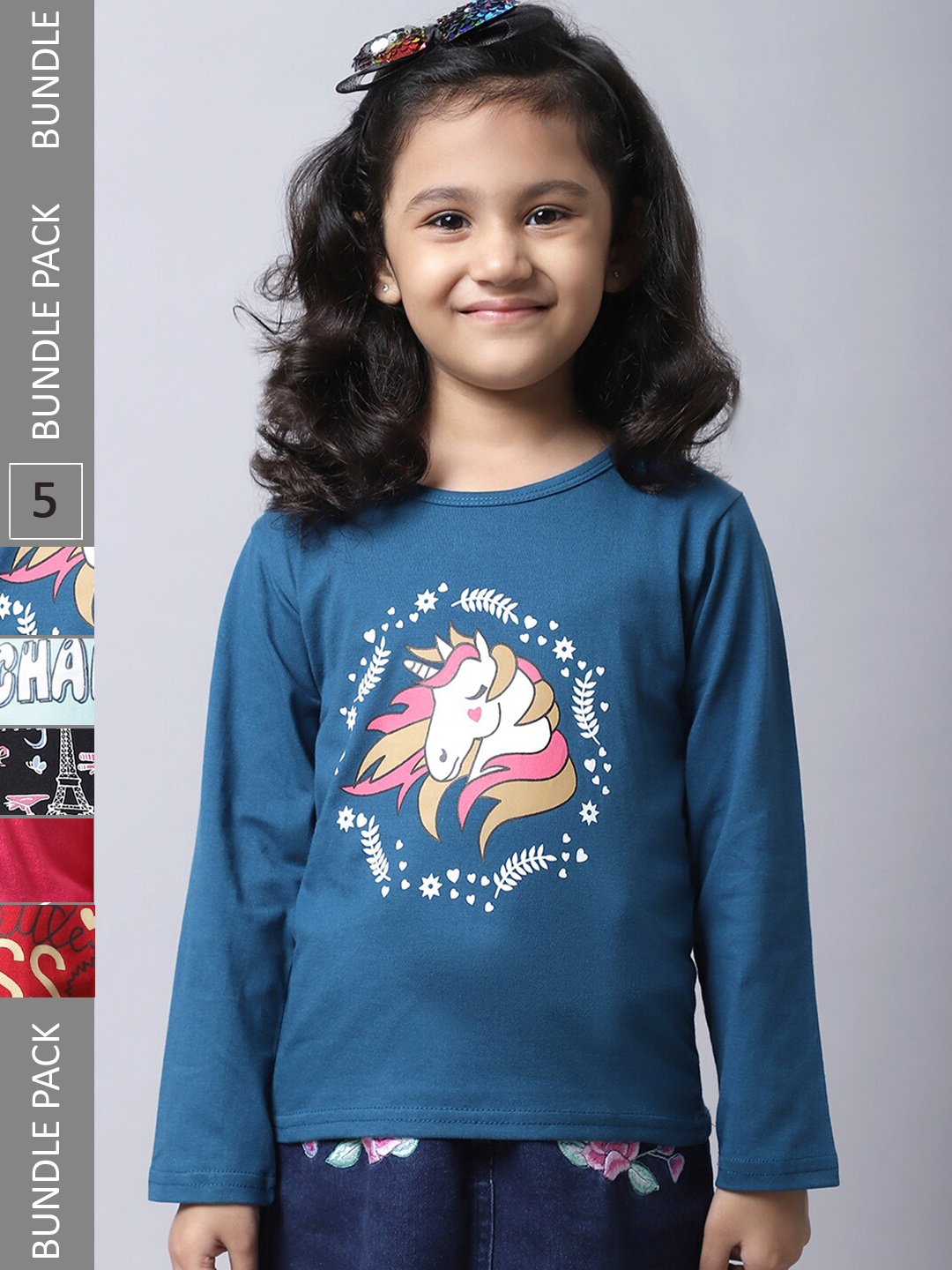 

BAESD Pack Of 5 Girls Printed Cotton Casual T-Shirts, Teal
