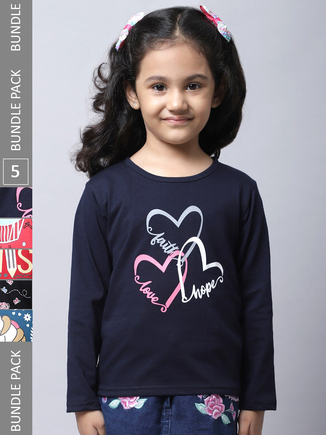 

BAESD Pack Of 5 Girls Printed Cotton Casual T-Shirts, Navy blue