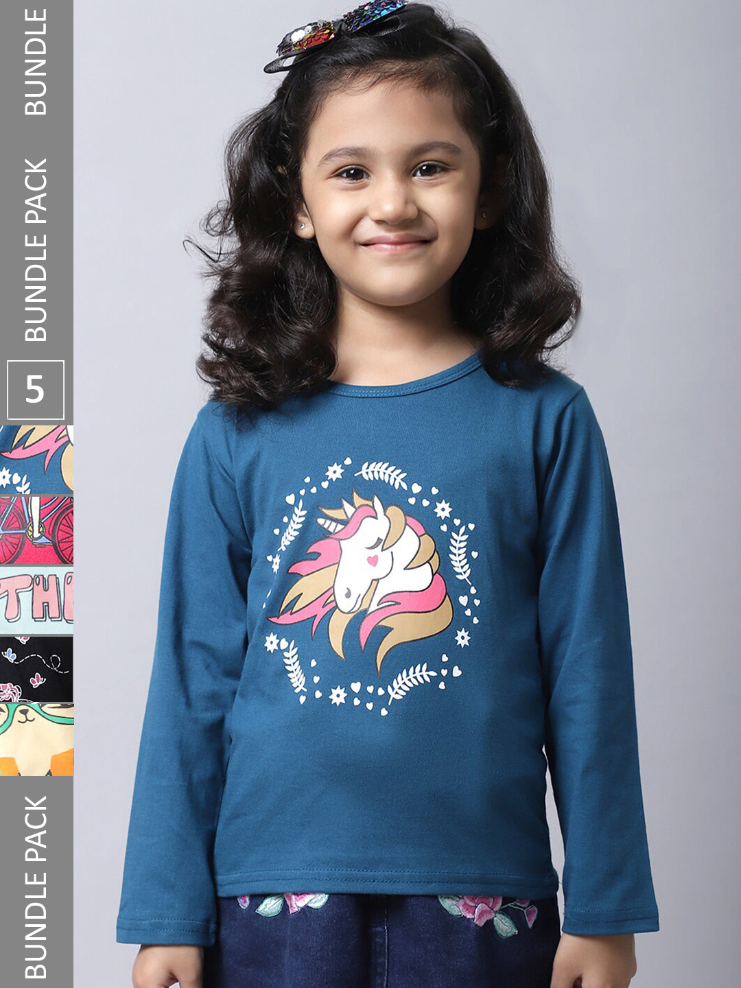 

BAESD Girls Pack Of 5 Graphic Printed Long Sleeves Cotton T-shirt, Green