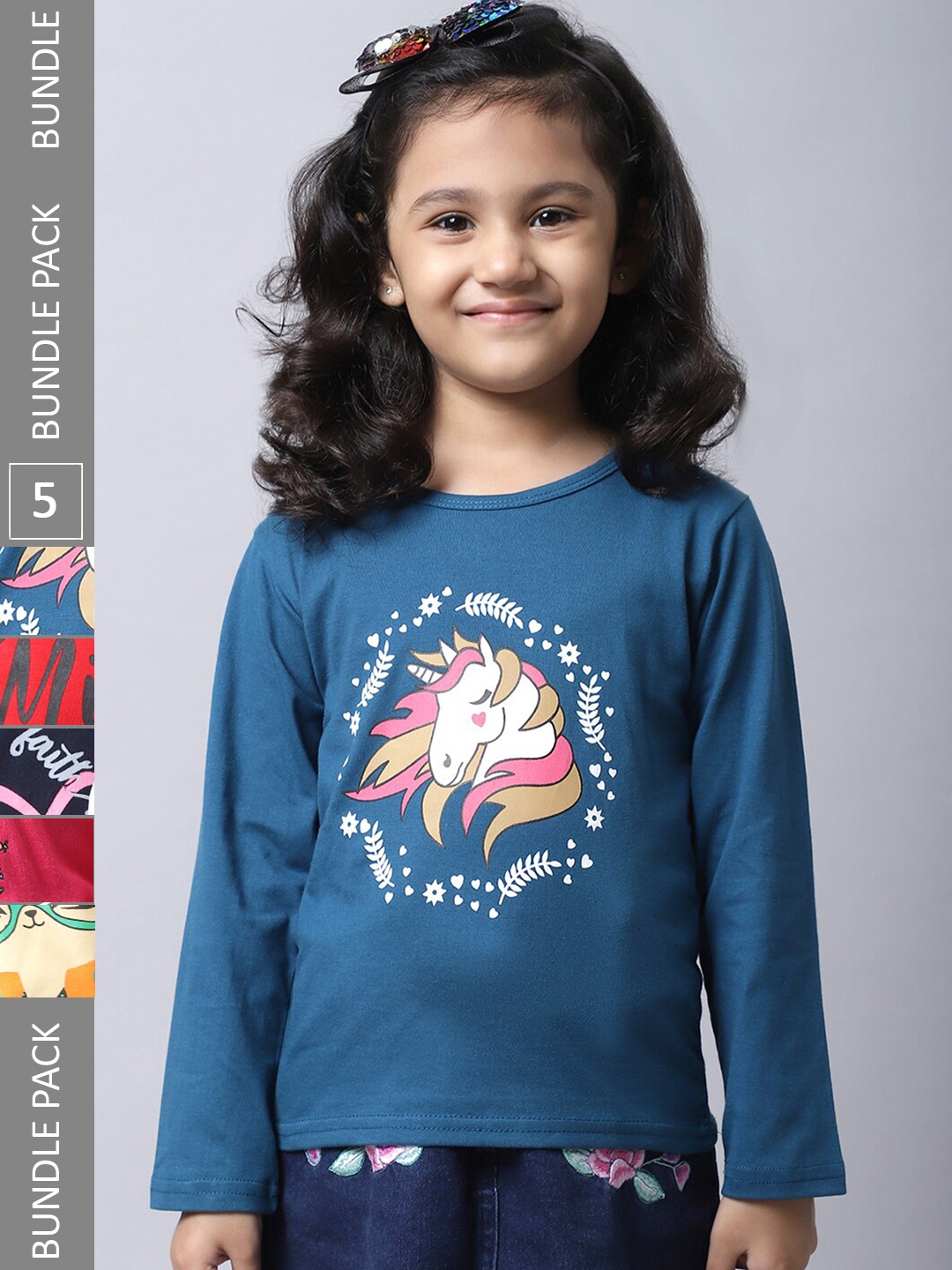 

BAESD Girl Pack Of 5 Graphic Printed Cotton T-shirt, Teal