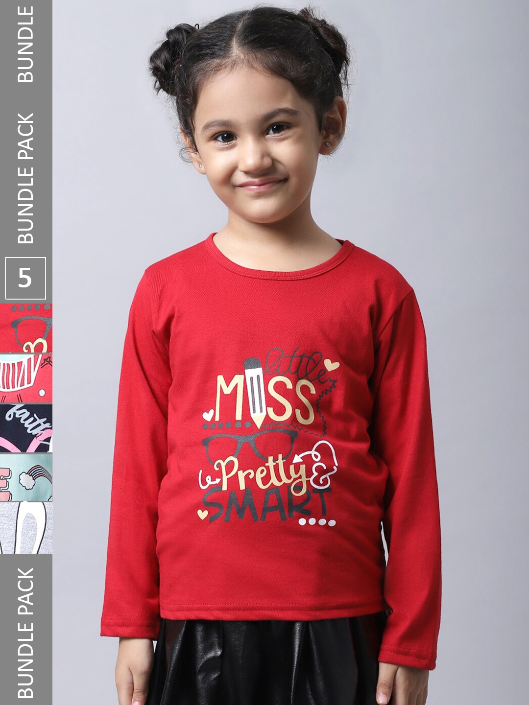 

BAESD Girls Pack of 5 Typography Printed Cotton T-shirts, Red