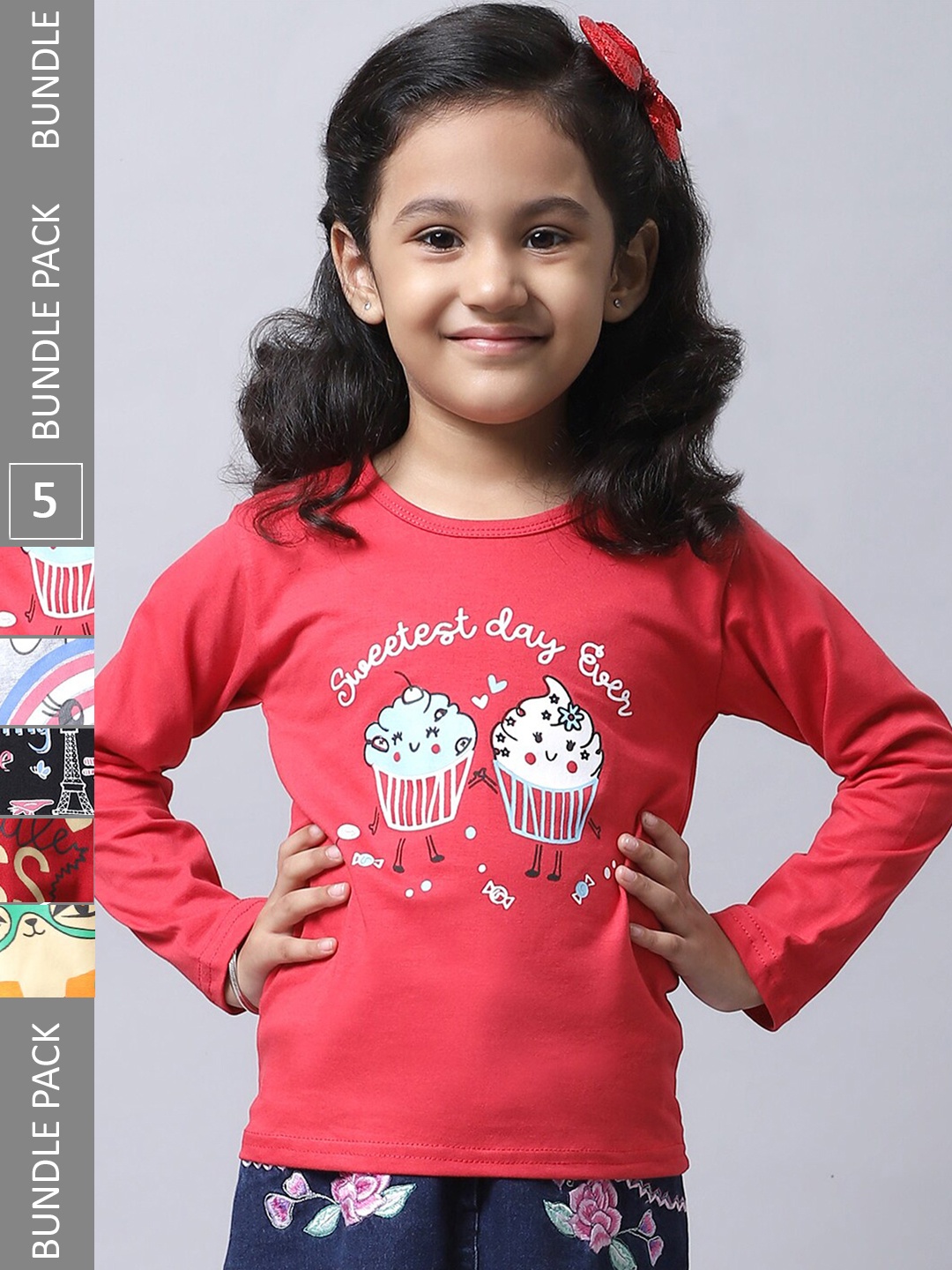 

BAESD Girls Pack of 5 Printed Regular Fit Cotton T-shirt, Coral