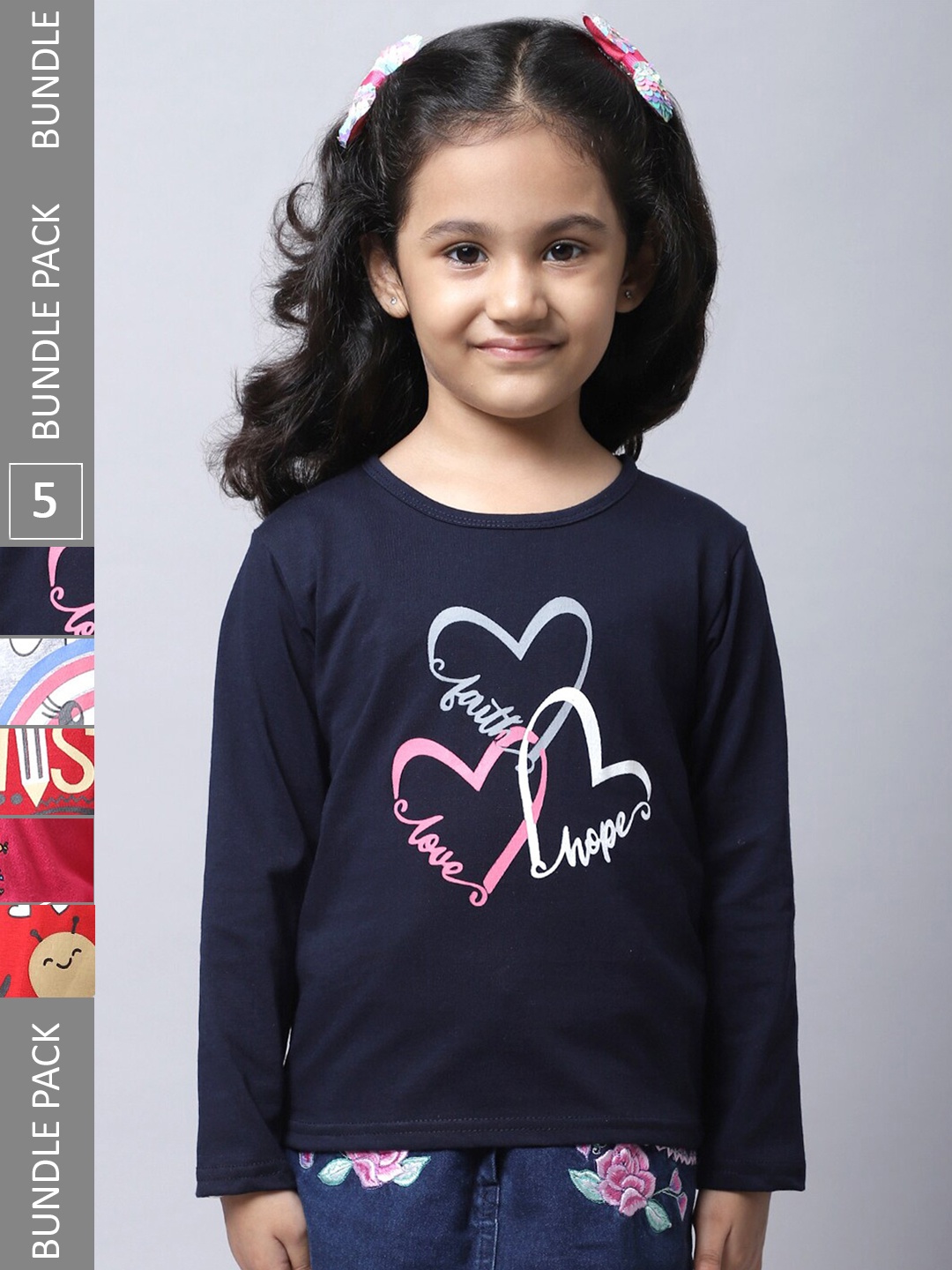 

BAESD Girls Pack Of 5 Printed Regular Fit Cotton Casual T-shirt, Navy blue