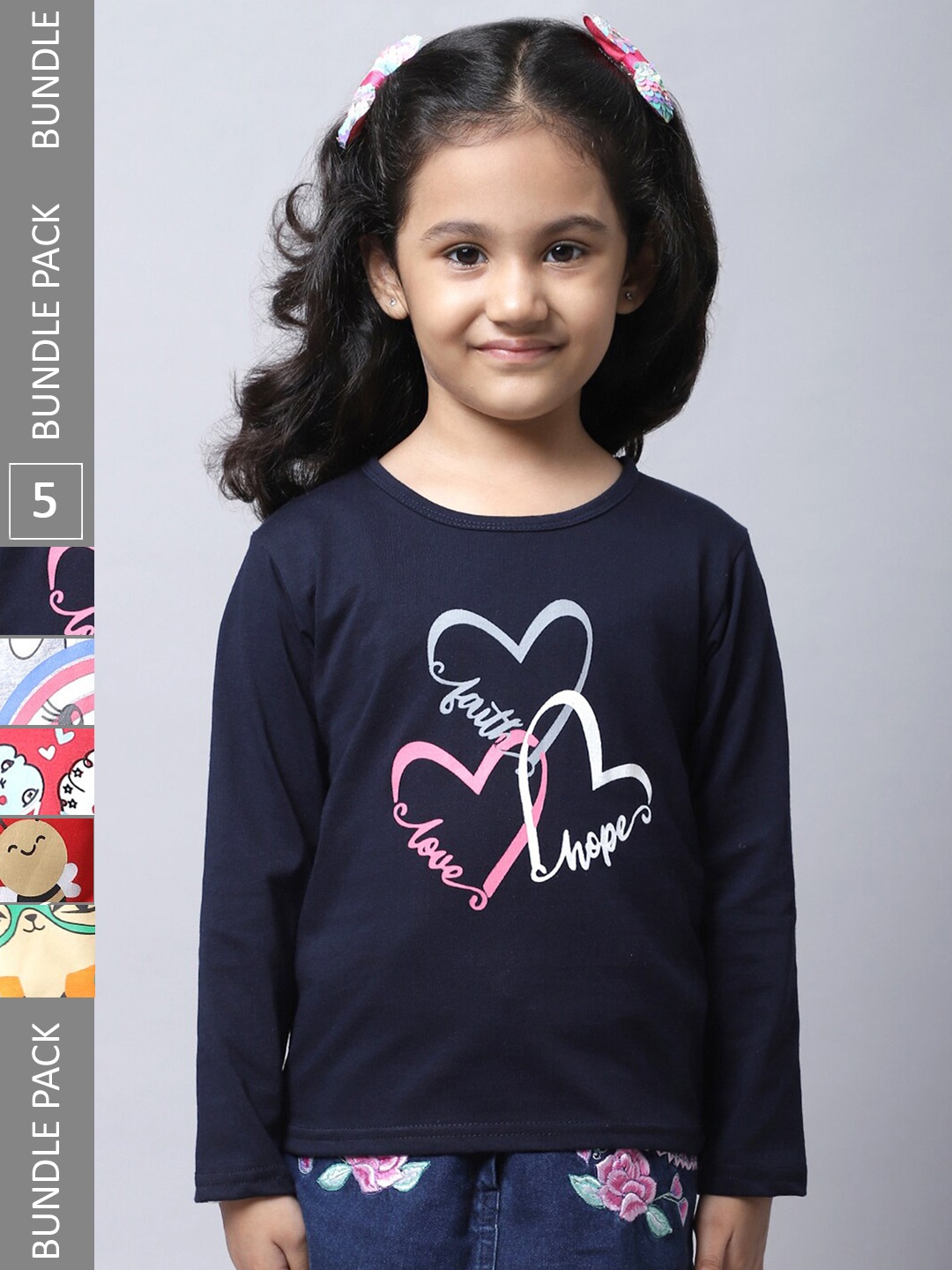 

BAESD Girls Pack Of 5 Printed Regular Fit Cotton Casual T-shirt, Navy blue