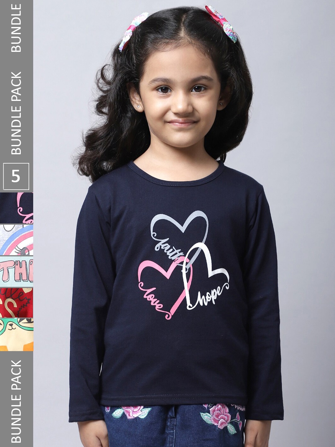 

BAESD Girls Pack Of 5 Printed Regular Fit Cotton Casual T-shirt, Navy blue