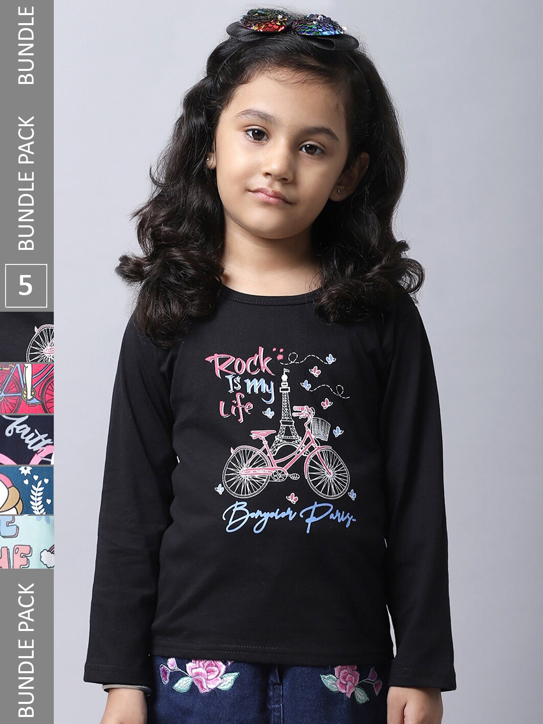

BAESD Girls Pack Of 5 Printed Regular Fit Cotton Casual T-shirt, Black