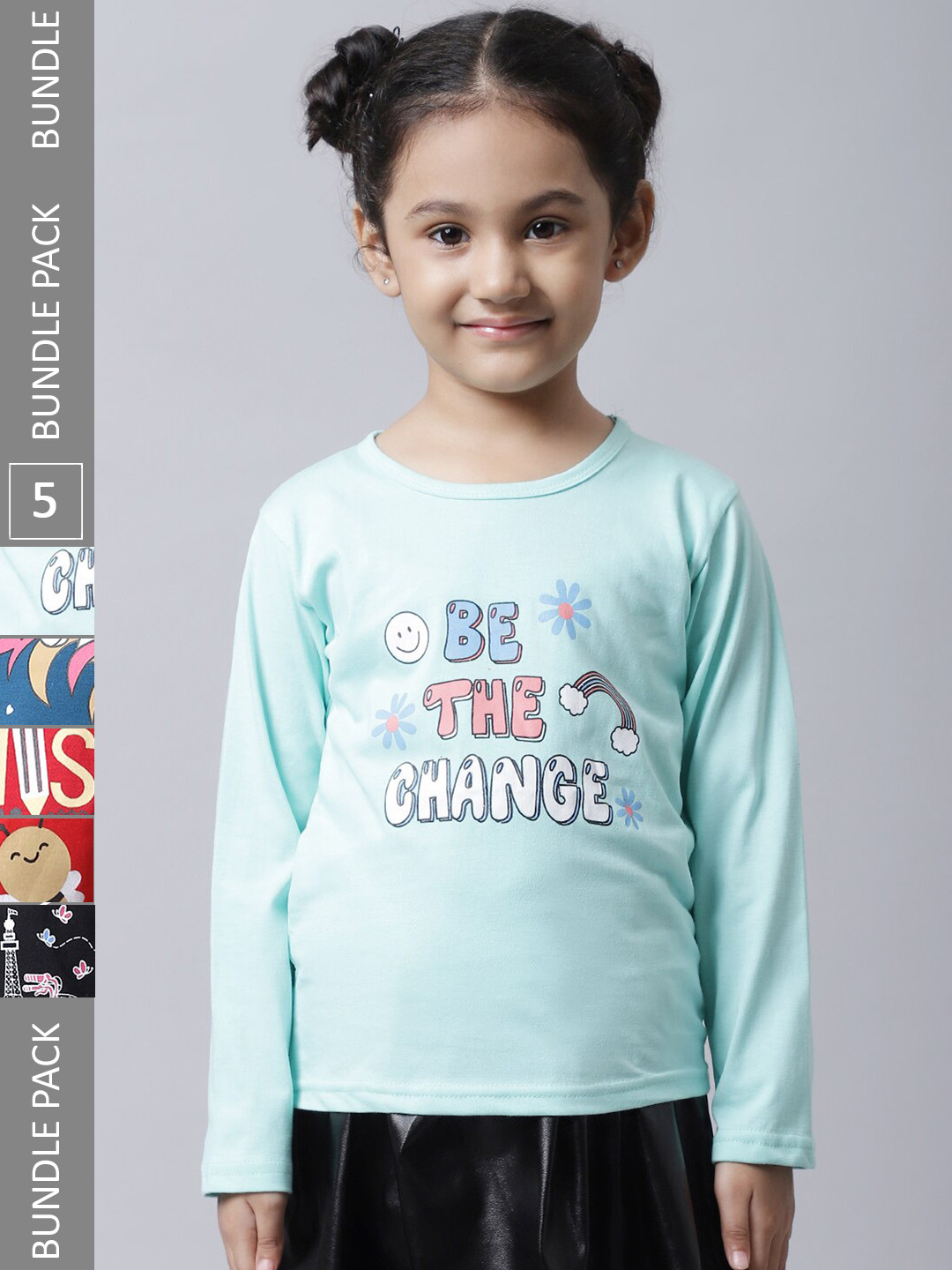 

BAESD Girl Pack Of 5 Graphic Printed Cotton T-shirt, Turquoise blue