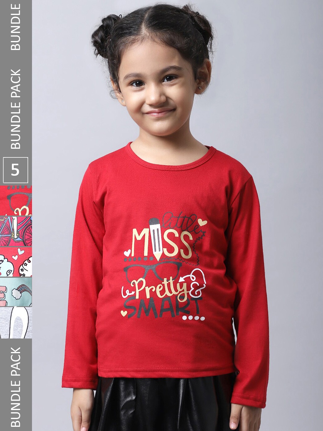 

BAESD Girls Pack Of 5 Printed Regular Fit Cotton Casual T-shirt, Red
