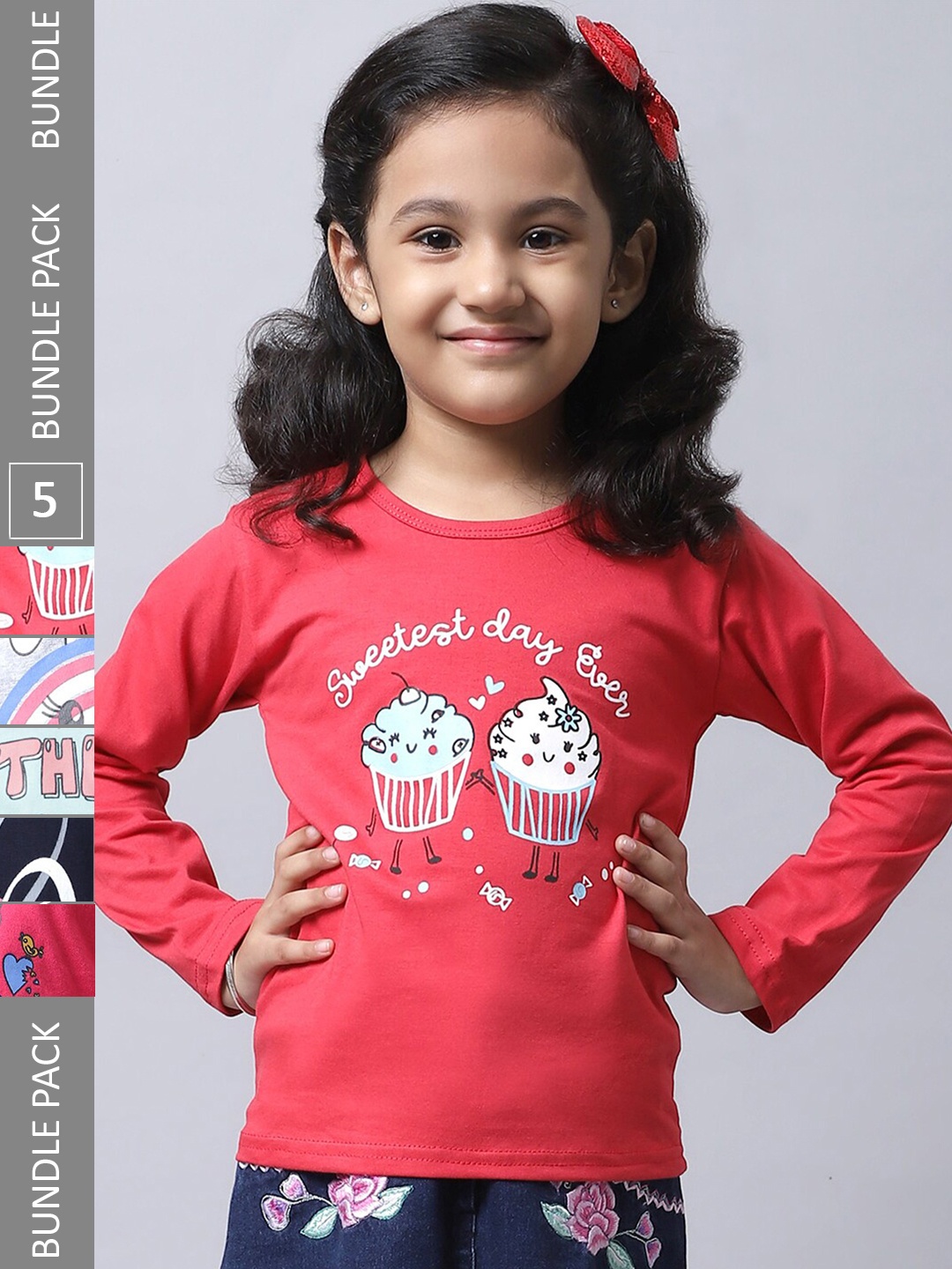 

BAESD Girls Pack Of 5 Printed Cotton T-shirt, Pink