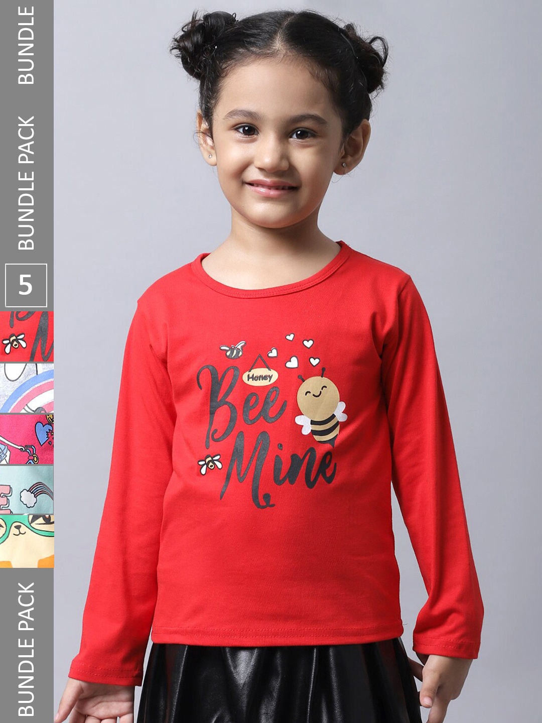 

BAESD Girls Pack of 5 Typography Printed Cotton T-shirts, Red