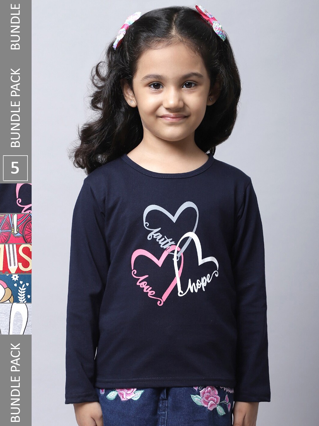

BAESD Girls Pack Of 5 Printed Regular Fit Cotton Casual T-shirt, Navy blue