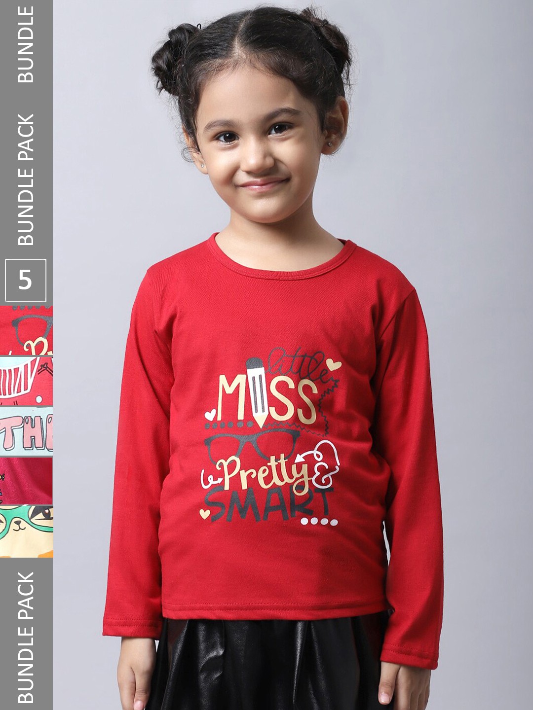 

BAESD Girls Pack Of 5 Printed Regular Fit Cotton Casual T-shirt, Red