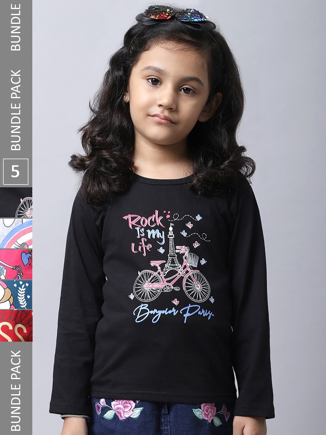 

BAESD Girls Pack Of 5 Printed Regular Fit Cotton Casual T-shirt, Black