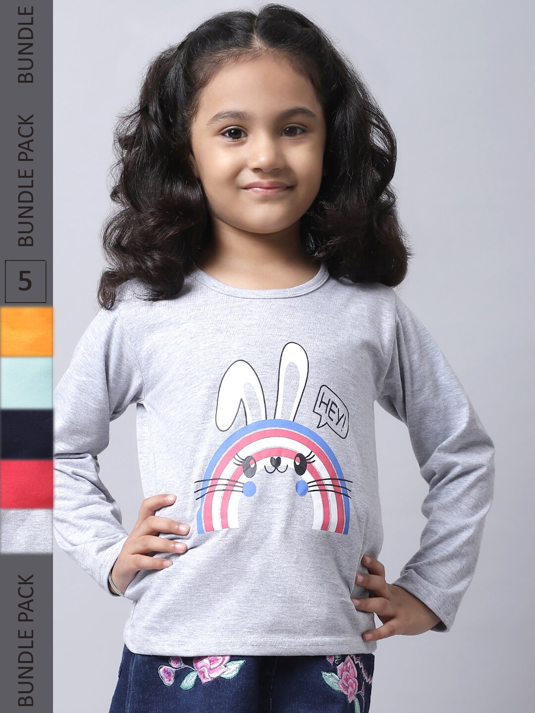 

BAESD Girls Pack Of 5 Graphic Printed Long Sleeve Pure Cotton T-shirt, Grey