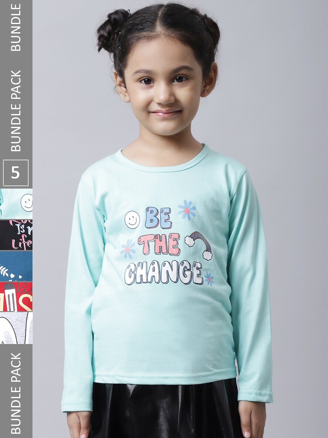 

BAESD Girls Pack Of 5 Printed Regular Fit Cotton Casual T-shirt, Lime green