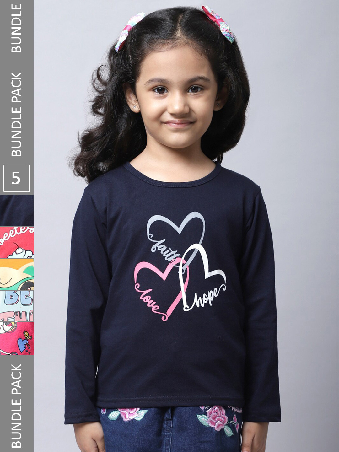

BAESD Girls Pack Of 5 Printed Regular Fit Cotton Casual T-shirt, Navy blue