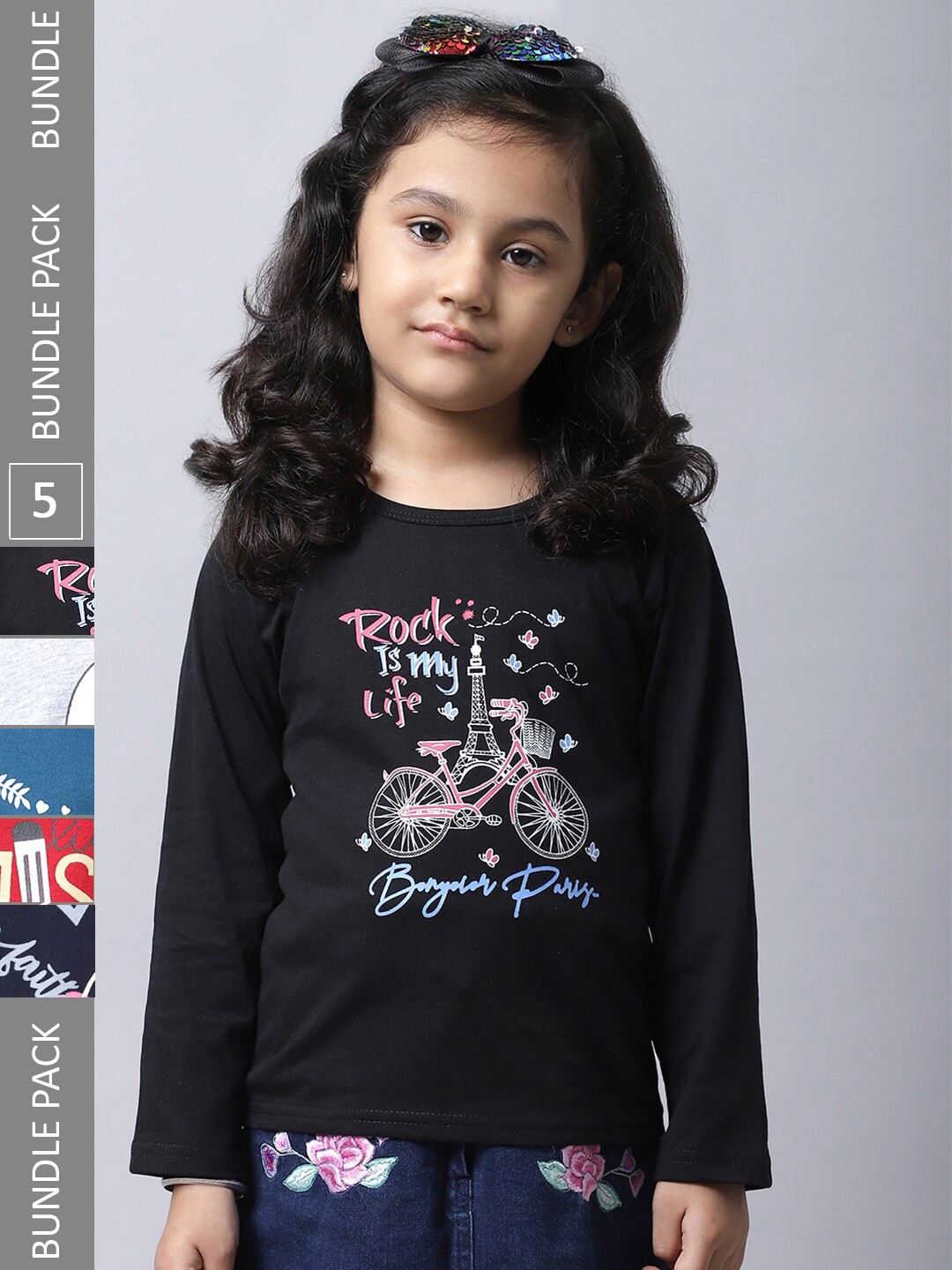 

BAESD Girls Pack Of 5 Printed Regular Fit Cotton Casual T-shirt, Black