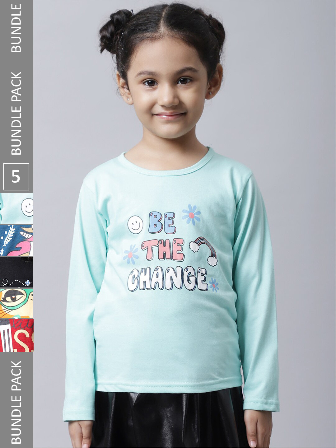 

BAESD Girls Pack Of 5 Printed Regular Fit Cotton Casual T-shirt, Lime green