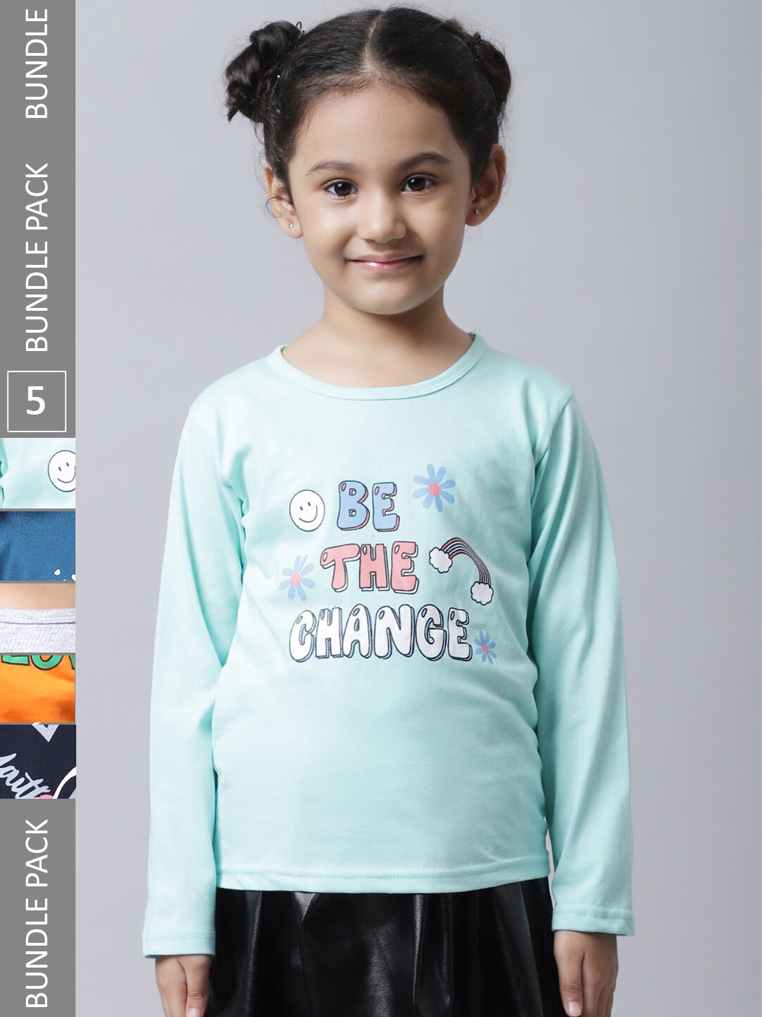 

BAESD Girls Pack Of 5 Printed Regular Fit Cotton Casual T-shirt, Lime green