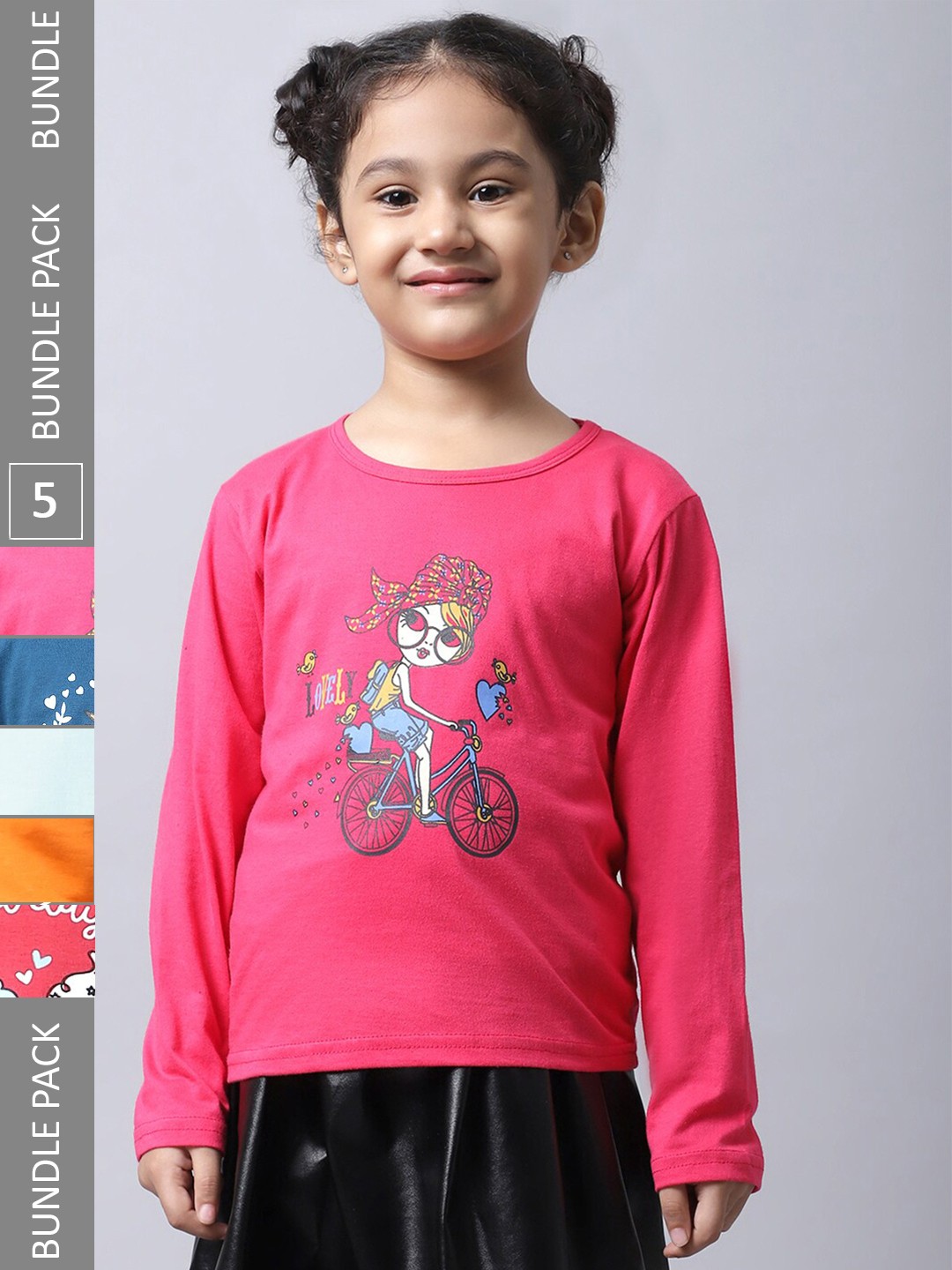 

BAESD Girls Pack Of 5 Printed Regular Fit Cotton Casual T-shirt, Pink