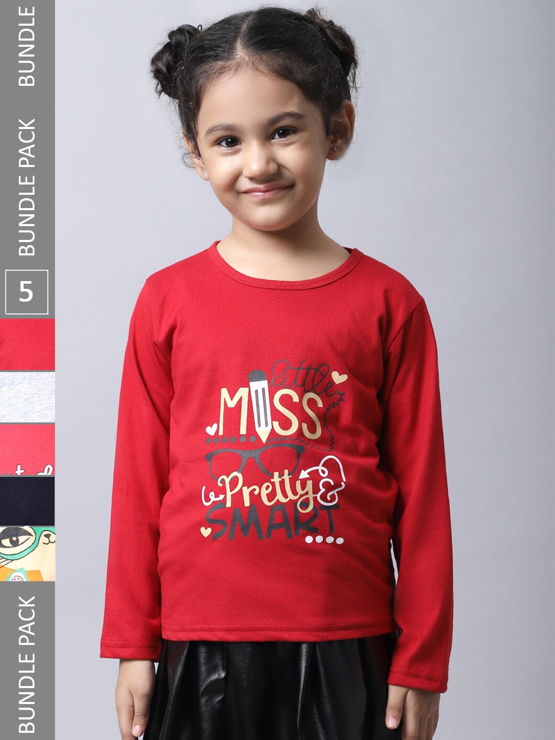 

BAESD Girls Pack Of 5 Graphic Printed Round Neck Cotton Regular T-shirt, Red