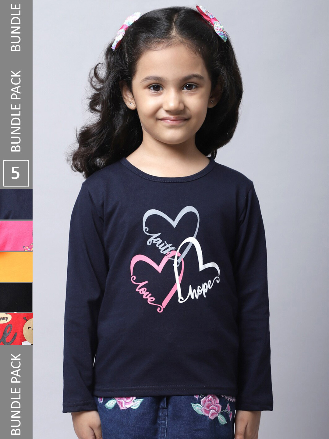

BAESD Girls Pack Of 5 Graphic Printed Long Sleeves Cotton T-shirt, Navy blue